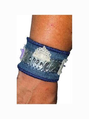 Stretch Denim Dream Bracelet Stamped Metal Star Beads Vintage Feed Sack Crochet